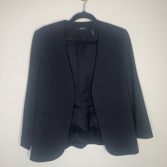 Theory Open Front Black Blazer Sz 8 Wool Blend - Picture 5 of 9